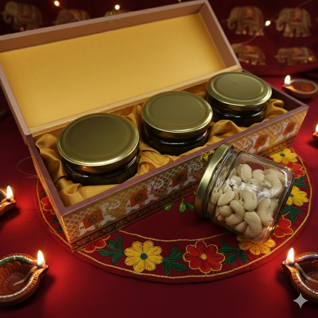 DRY FRUIT WOODEN BOX 3 JAR