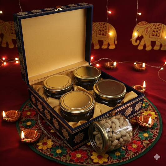DRY FRUIT WOODEN BOX 4 JAR